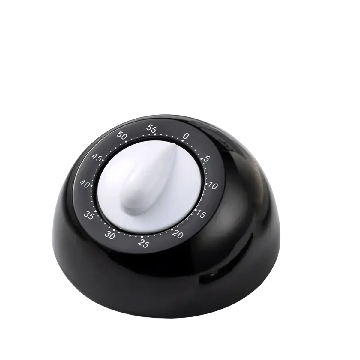 Black and white mechanical kitchen timer with glossy finish and circular dial marked in five-minute increments for cooking use