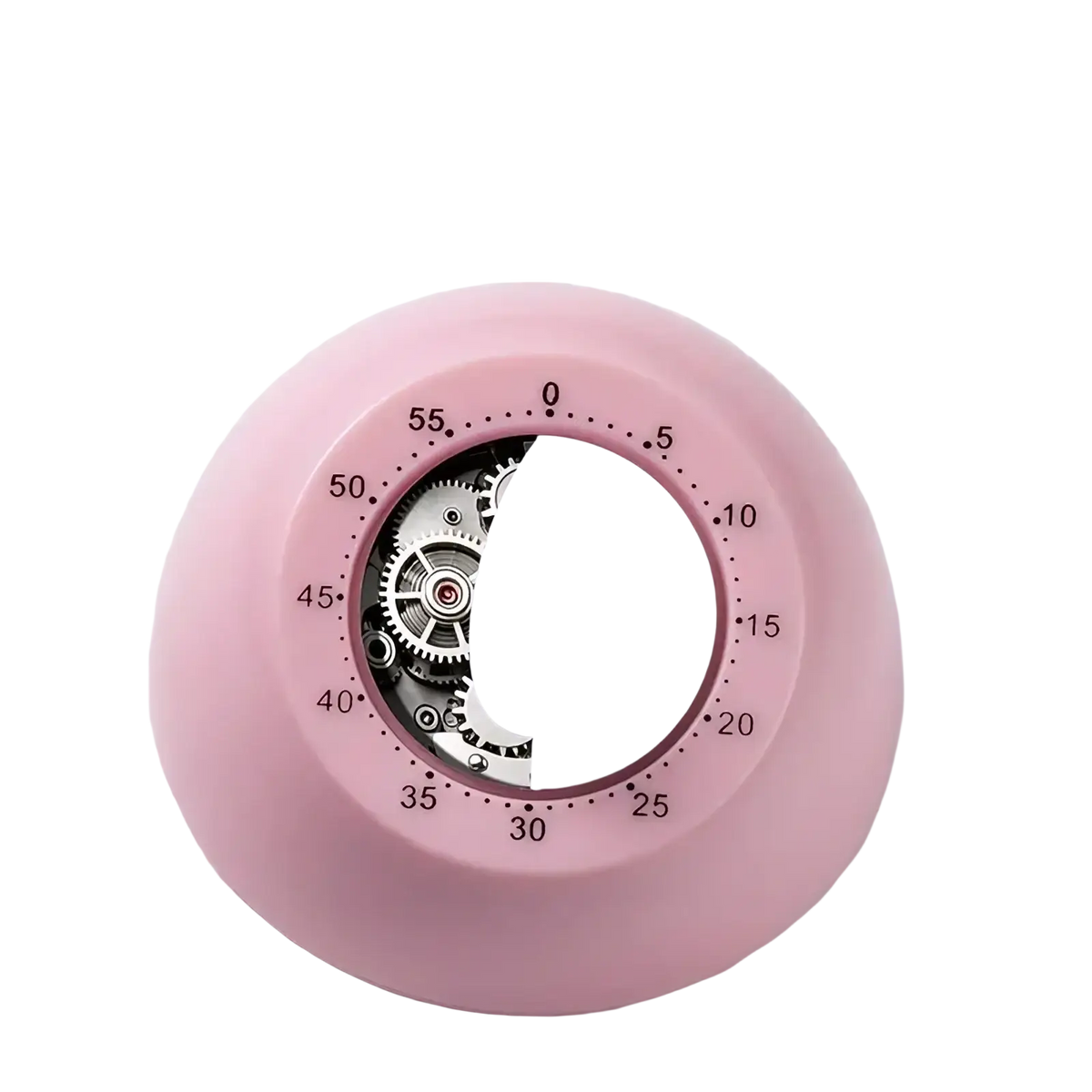 Pink mechanical kitchen timer with visible gear mechanism and white rotating dial for battery-free cooking counter use
