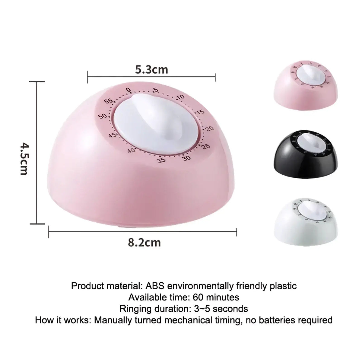 Pink dome-shaped mechanical kitchen timer made of abs plastic with white dial and black numerical markings batteryfree cooking counter