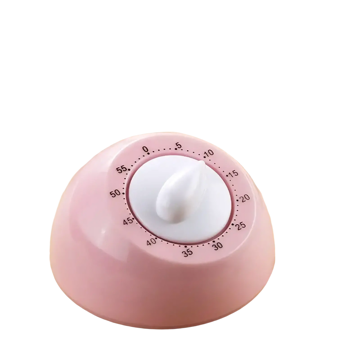 Pink plastic mechanical kitchen timer with white dial and black markings for battery-free cooking counter use