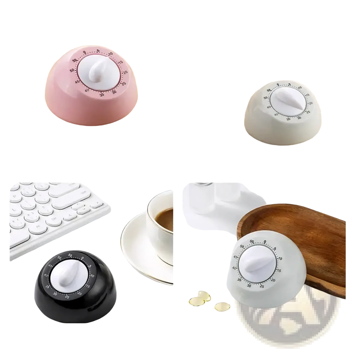 Mechanical kitchen timer batteryfree cooking counter in pink white and black dome shapes with central dial