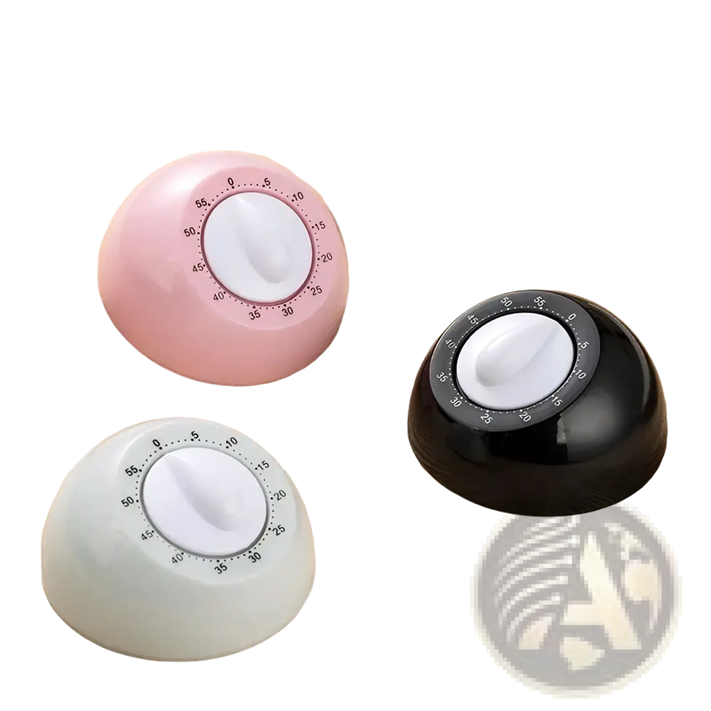Three pastel-colored mechanical kitchen timers with smooth plastic bodies and batteryfree cooking counter dials
