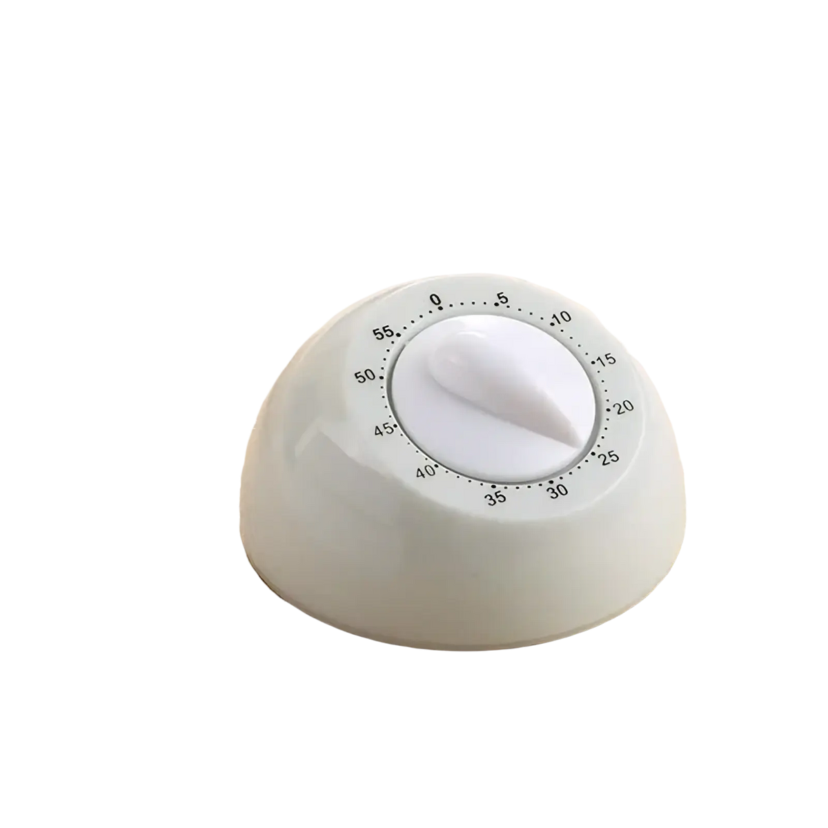 White plastic mechanical kitchen timer with circular dial and central knob for batteryfree cooking countdown