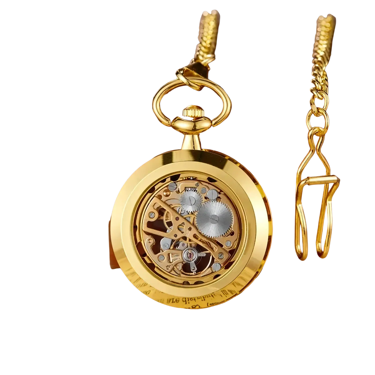 Mechanical pocket watch gold skeleton hand wind with exposed gears and polished brass finish on an ornate chain