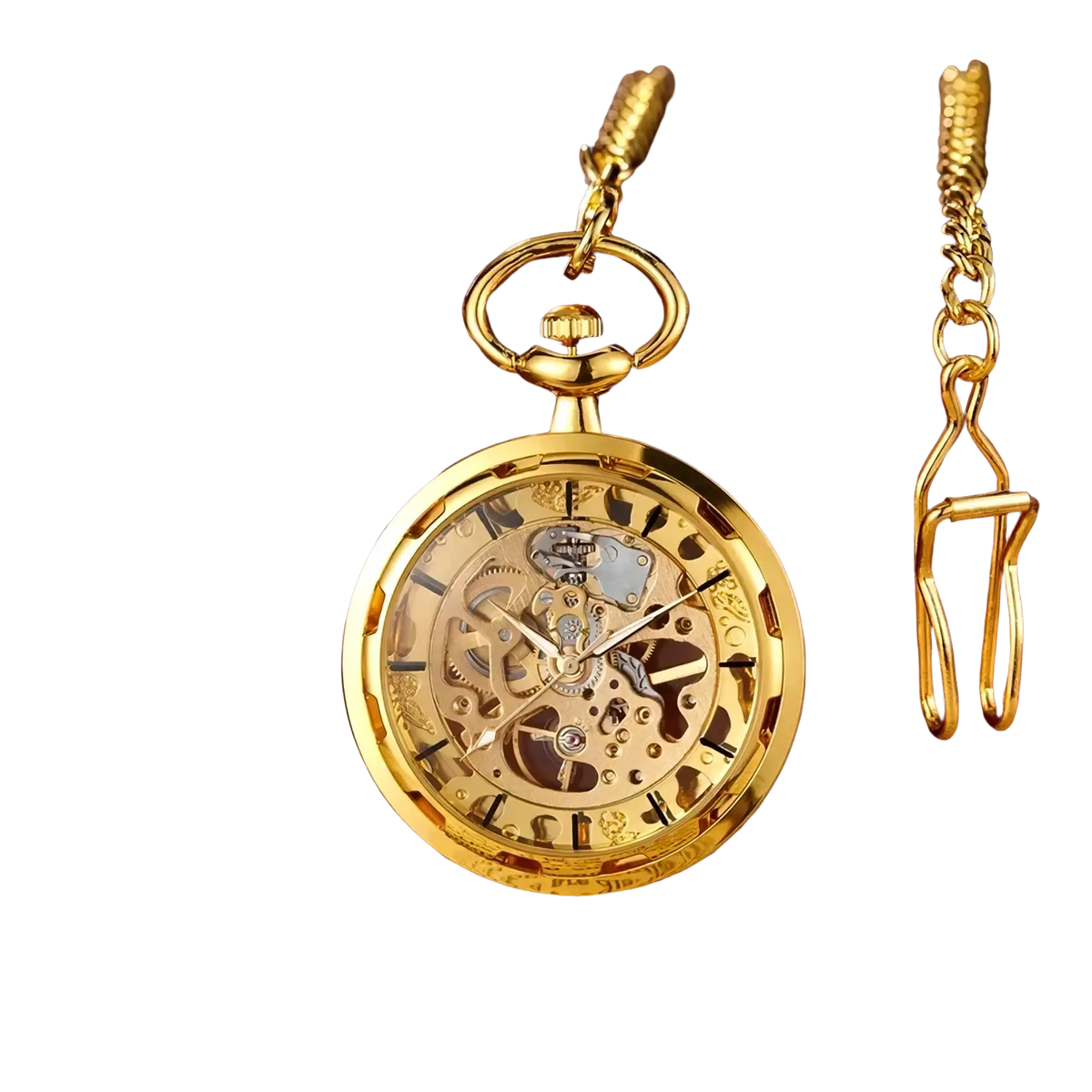 Mechanical pocket watch gold skeleton hand wind with exposed gears, polished brass finish, and ornate chain and clasp