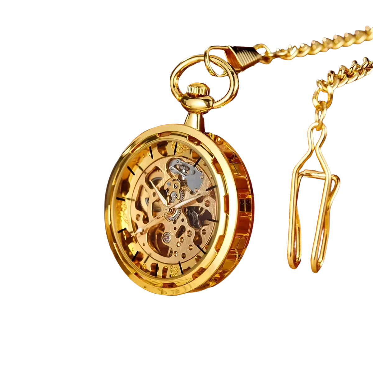 Mechanical pocket watch gold skeleton hand wind with exposed gears and matching gold chain in elegant design