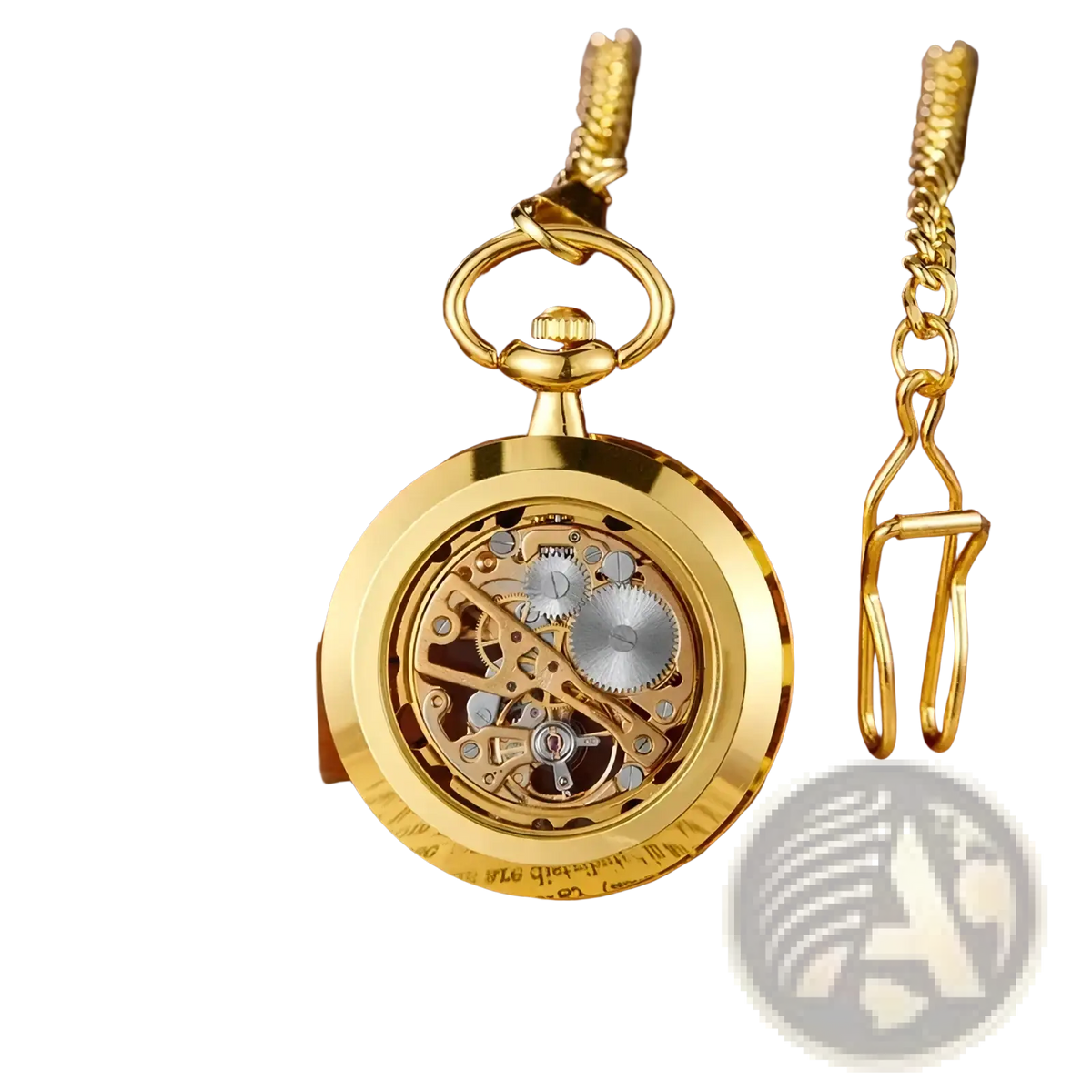 Mechanical pocket watch gold skeleton hand wind with exposed gears and polished brass finish on an ornate chain