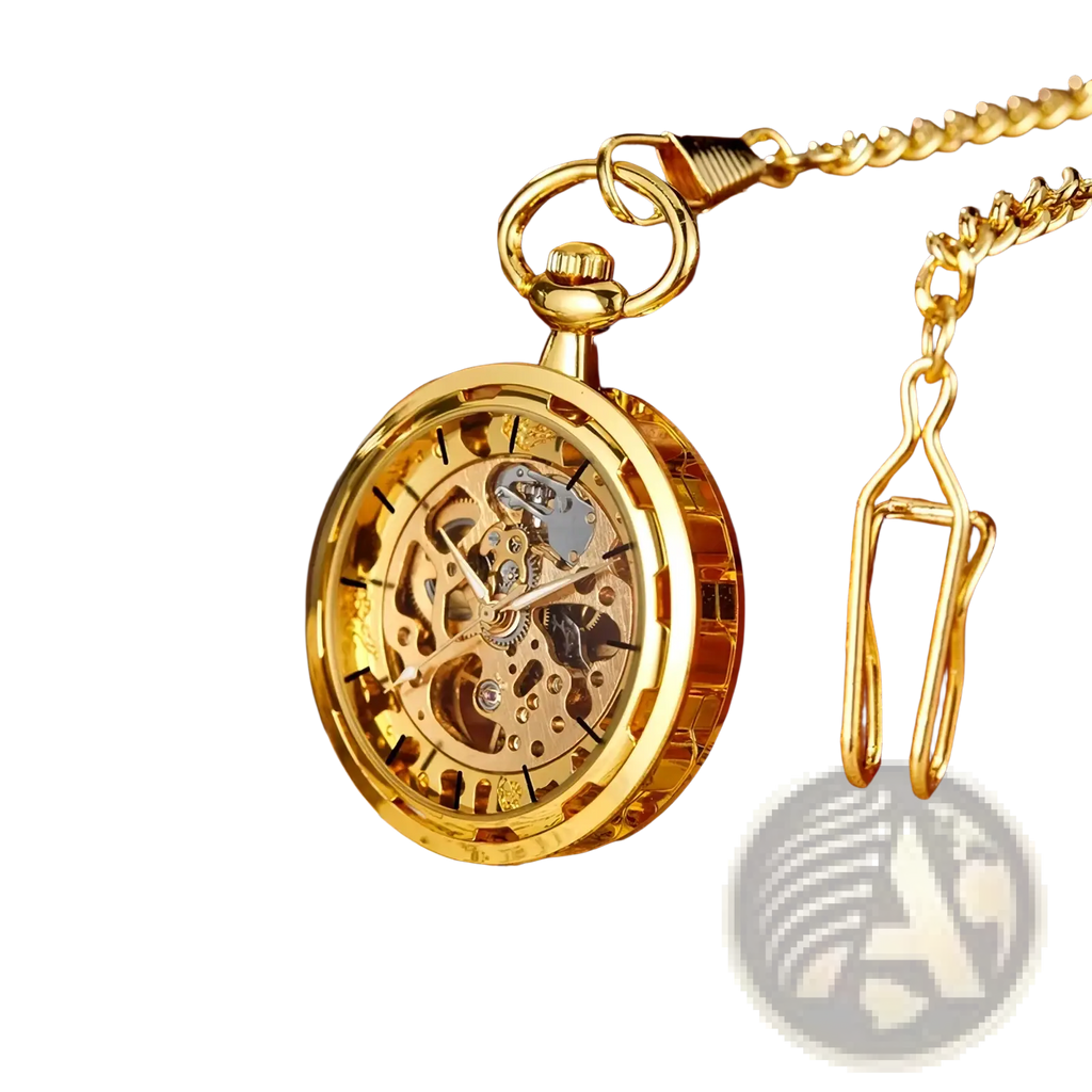 Mechanical pocket watch gold skeleton hand wind with exposed gears and matching gold chain in elegant design