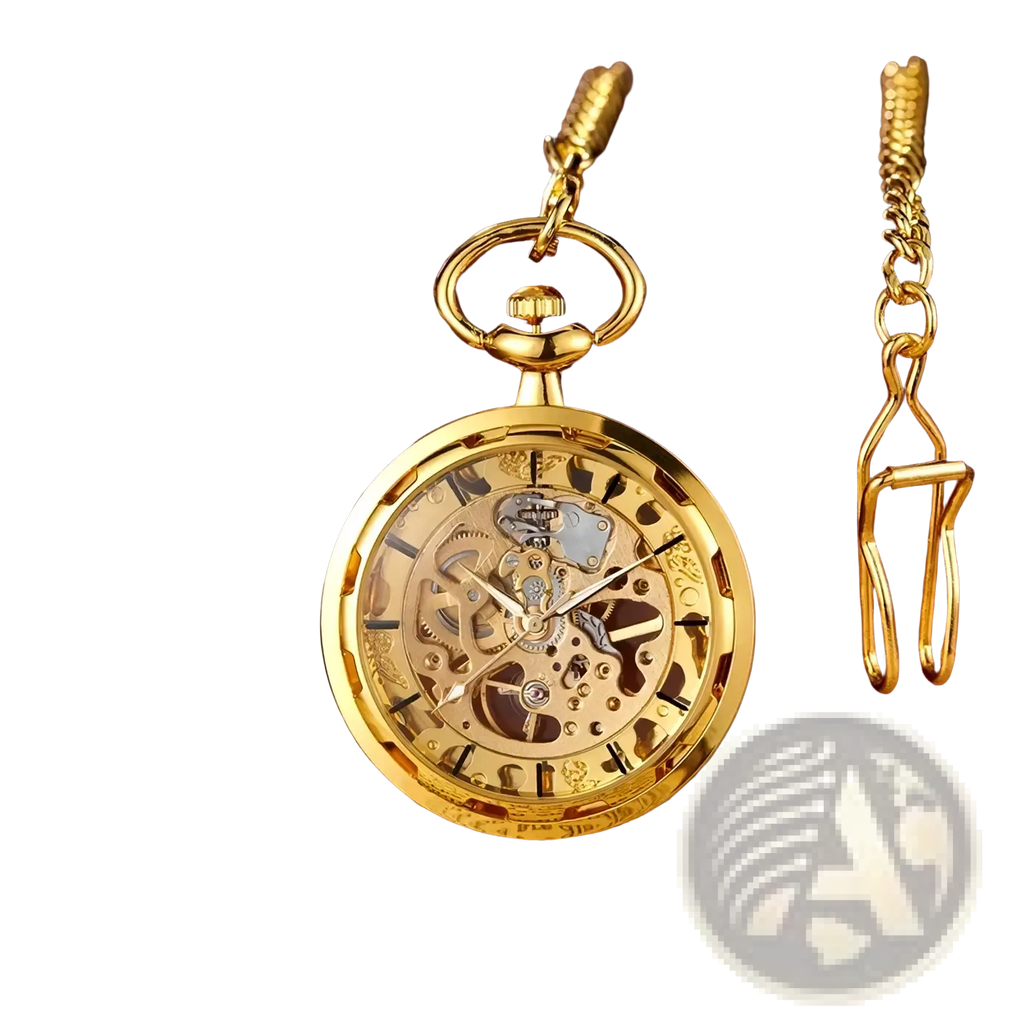 Mechanical pocket watch gold skeleton hand wind with exposed gears, polished brass finish, and ornate chain and clasp