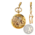 Mechanical pocket watch gold skeleton hand wind with exposed gears, polished brass finish, and ornate chain and clasp