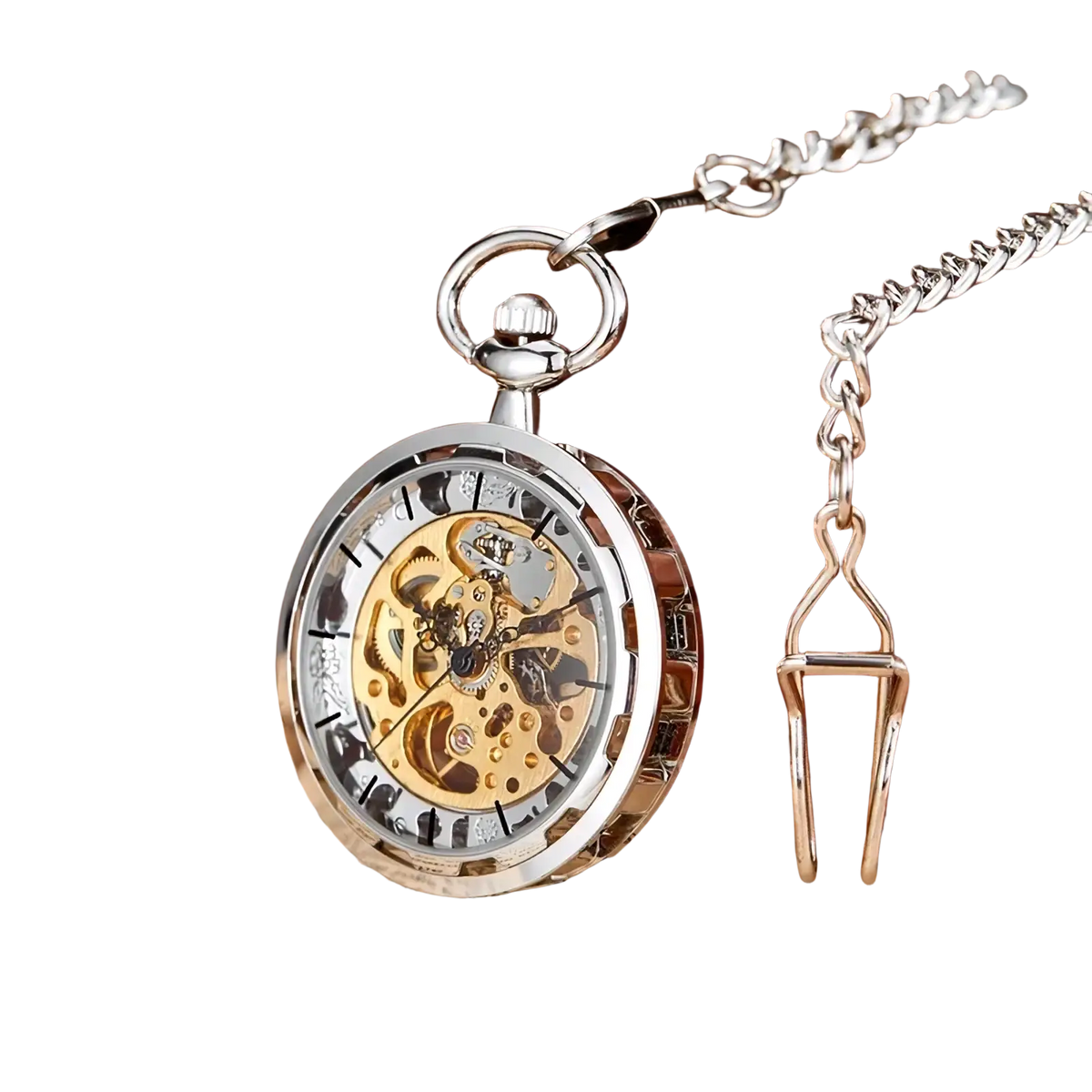 Silver mechanical pocket watch with gold skeleton gears and matching chain showcasing intricate hand wind design