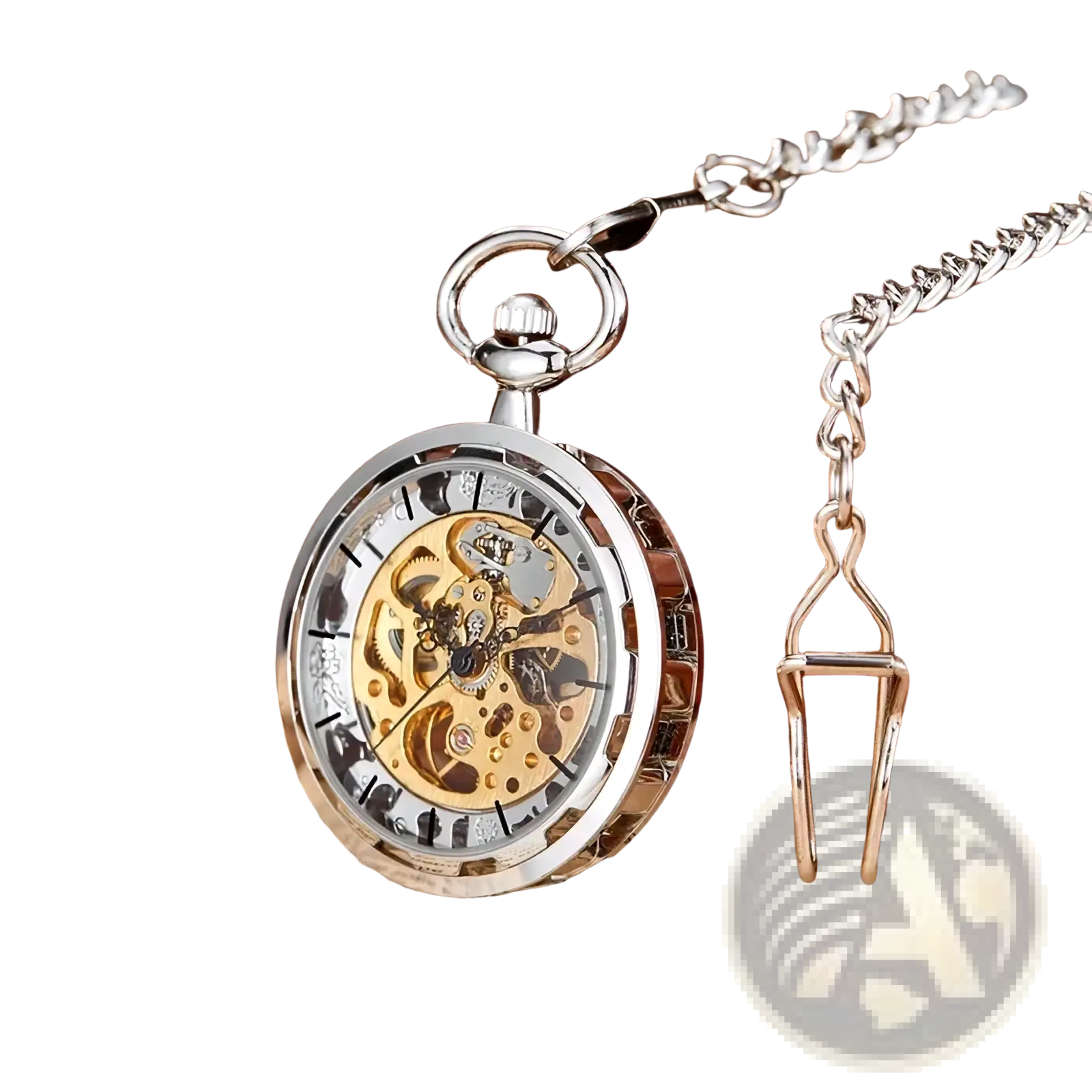 Silver mechanical pocket watch with gold skeleton gears and matching chain showcasing intricate hand wind design