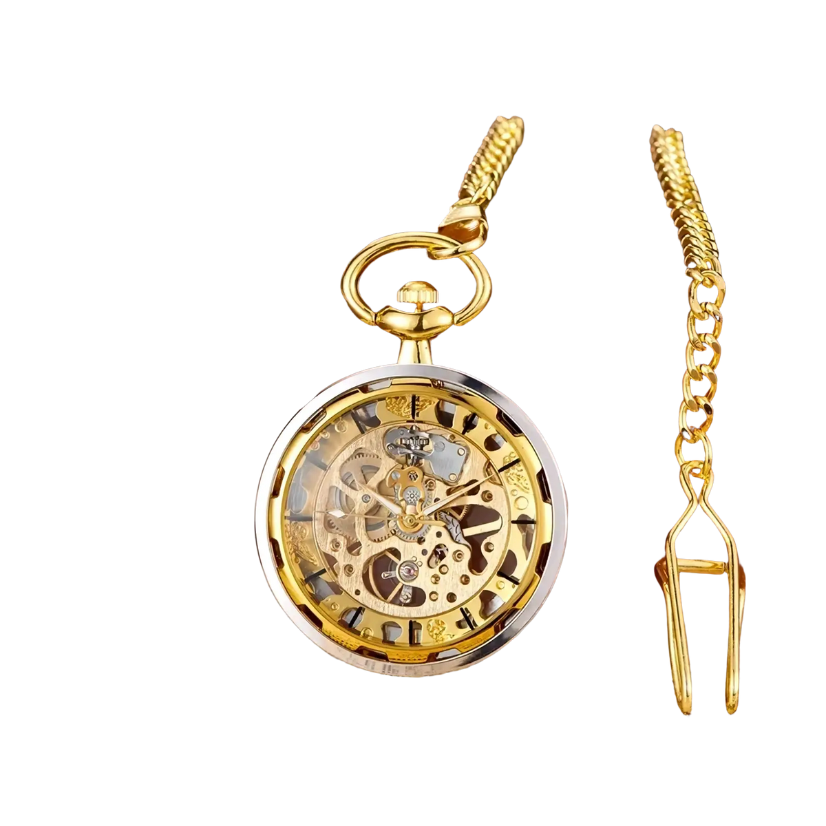 Mechanical pocket watch gold skeleton hand wind with gold-toned exposed gears silver bezel and ornate wearing chain