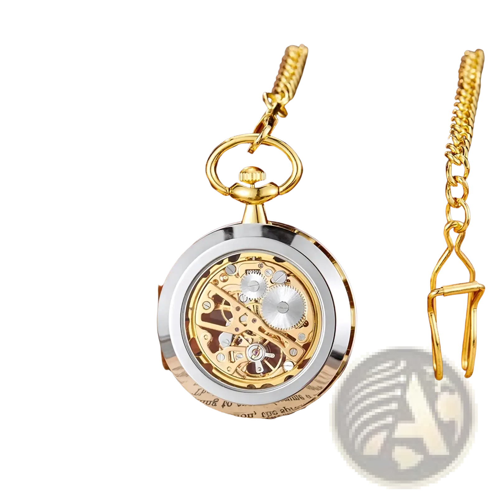 Mechanical pocket watch gold skeleton hand wind with gold-toned skeletonized design silver bezel and chain