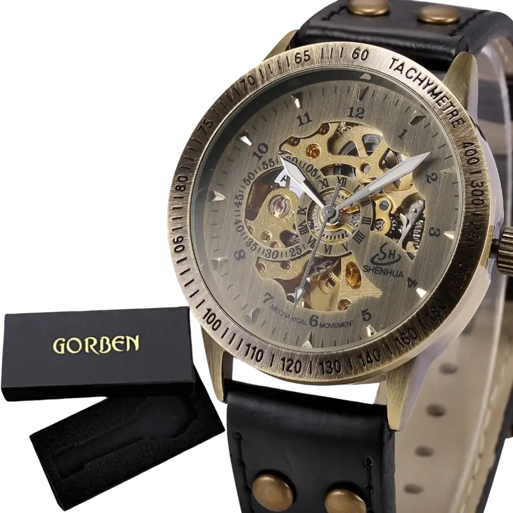 Mechanical skeleton mens watch with bronze case black leather strap and gold-tone accents for elegant style