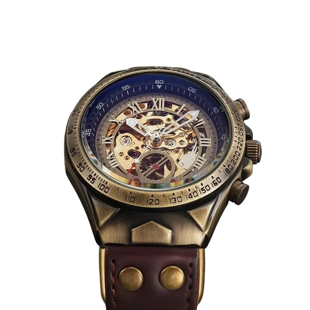 Mechanical skeleton mens watch with bronze tone, blue inner dial, roman numerals, exposed gears, and brown leather strap