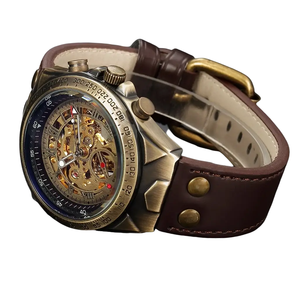 Mechanical skeleton mens watch with bronze tone, brown leather strap, and visible gold gears inside transparent face