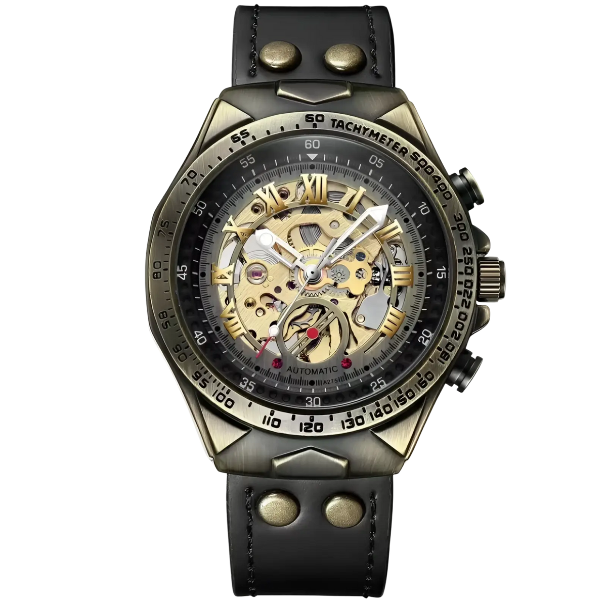 Mechanical skeleton mens watch with a rugged bronze-toned chronograph dial and black leather strap with gold roman numerals