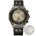 Mechanical skeleton mens watch with a rugged bronze-toned chronograph dial and black leather strap with gold roman numerals