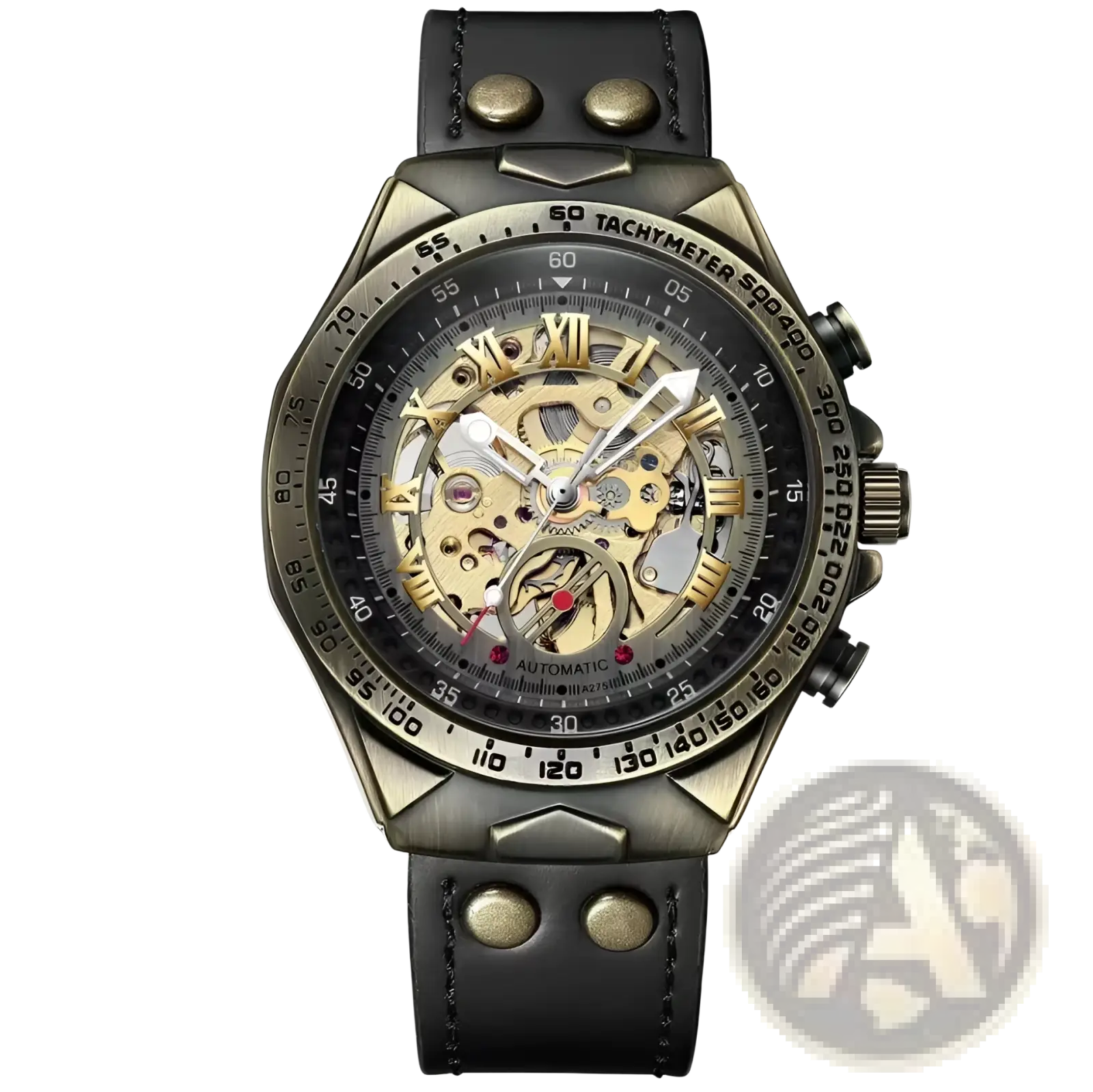 Mechanical skeleton mens watch with a rugged bronze-toned chronograph dial and black leather strap with gold roman numerals