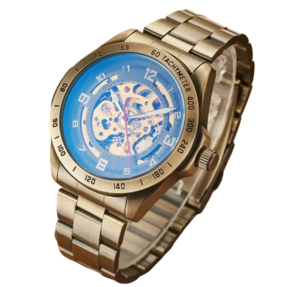 A sleek silver stainless steel mechanical skeleton mens watch with a vibrant blue dial and leather strap