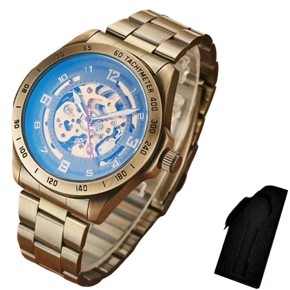 A sleek silver-toned mechanical skeleton mens watch with vibrant blue dial and leather strap revealing movement