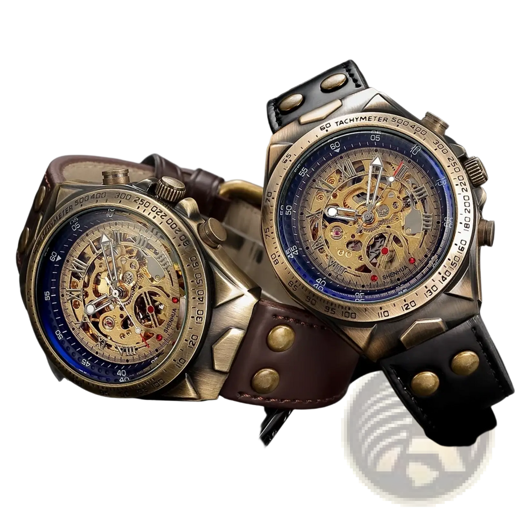 Mechanical skeleton mens watch with brass case blue inner dial revealing gears and brown leather strap vintage style