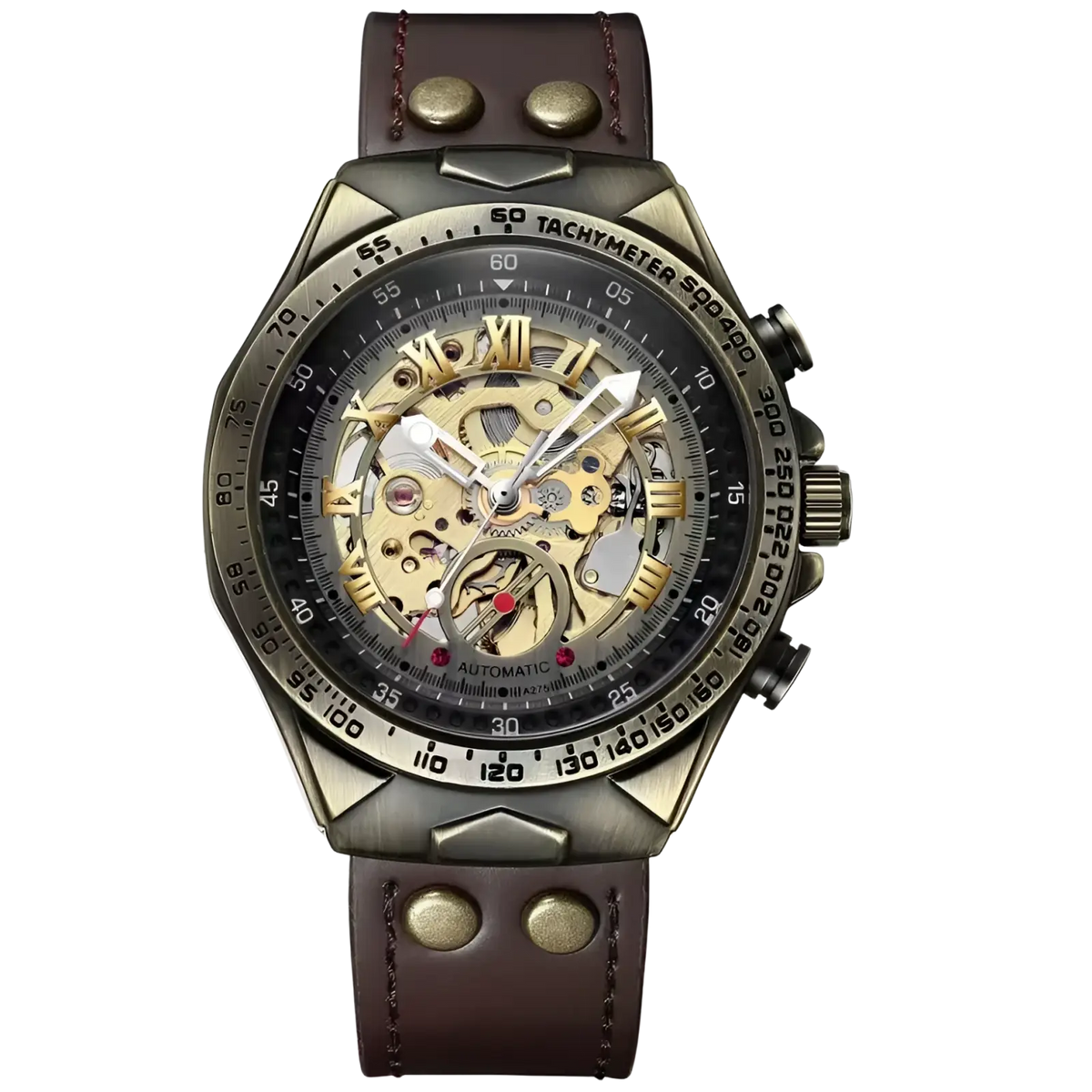Mechanical skeleton mens watch with bronze-toned case, exposed golden gears, roman numerals, and dark brown leather strap