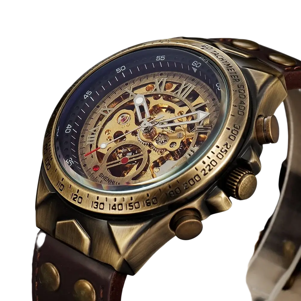 Vintage mechanical skeleton mens watch with dark blue dial, exposed golden gears, roman numerals, and brown leather strap