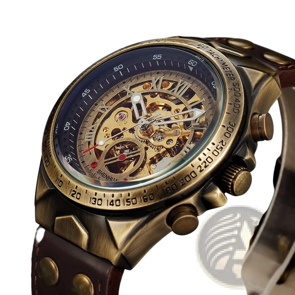 Vintage mechanical skeleton mens watch with dark blue dial, exposed golden gears, roman numerals, and brown leather strap