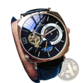 Rose gold-toned mechanical skeleton watch automatic with black dial exposed movement and moon phase display leather strap