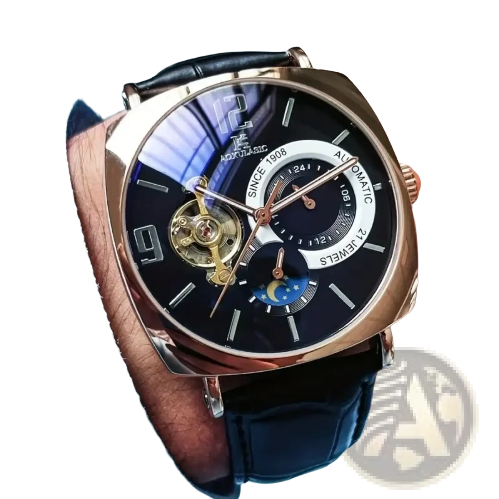 Rose gold-toned mechanical skeleton watch automatic with black dial exposed movement and moon phase display leather strap