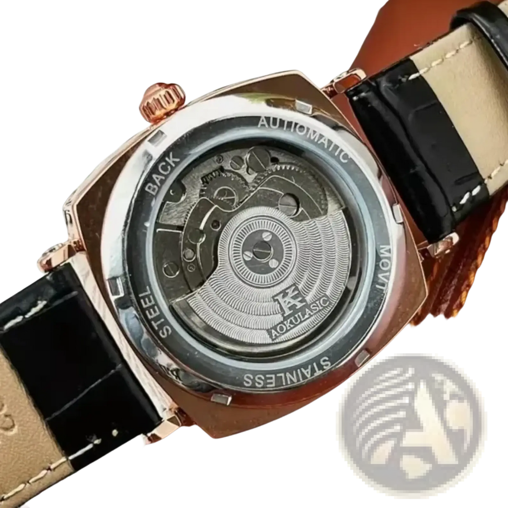 Rose gold-toned mechanical skeleton watch automatic leather strap back side showing intricate movement and black alligator strap