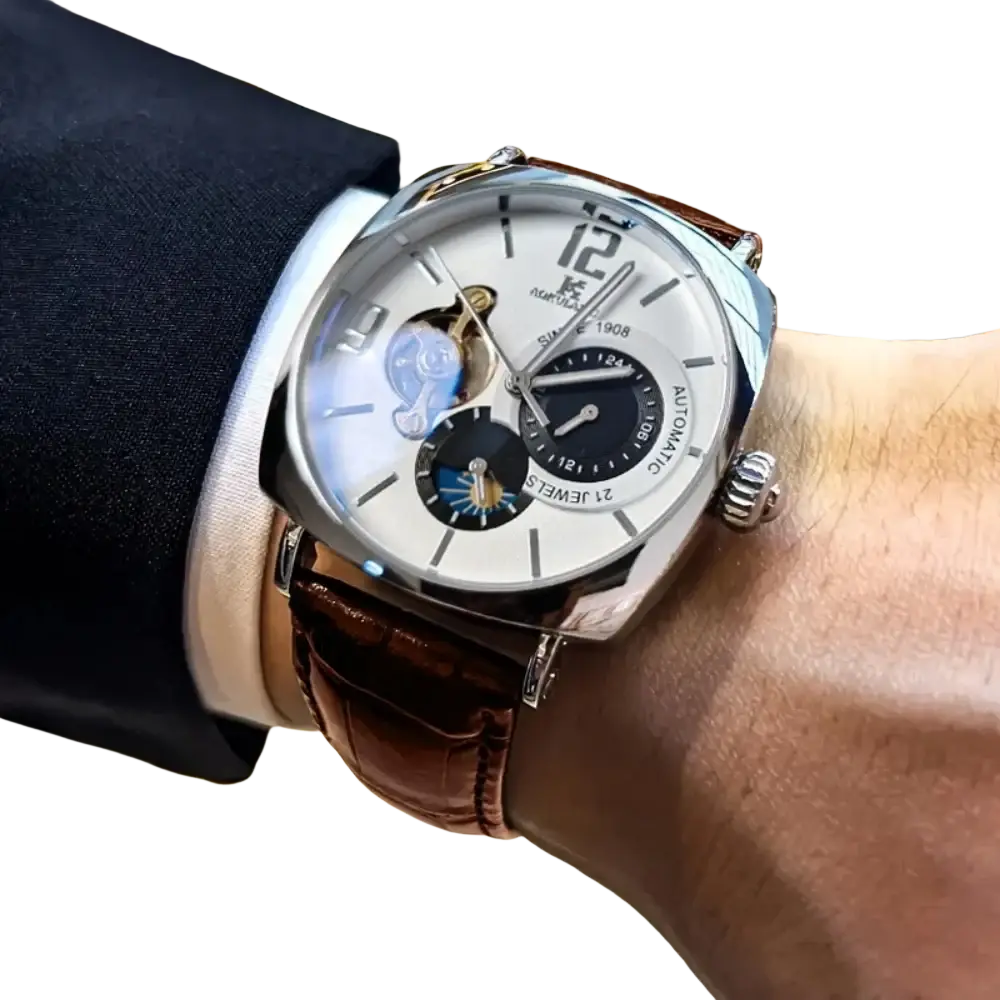 Mechanical skeleton watch automatic with silver-toned case white dial brown alligator leather strap and visible movement