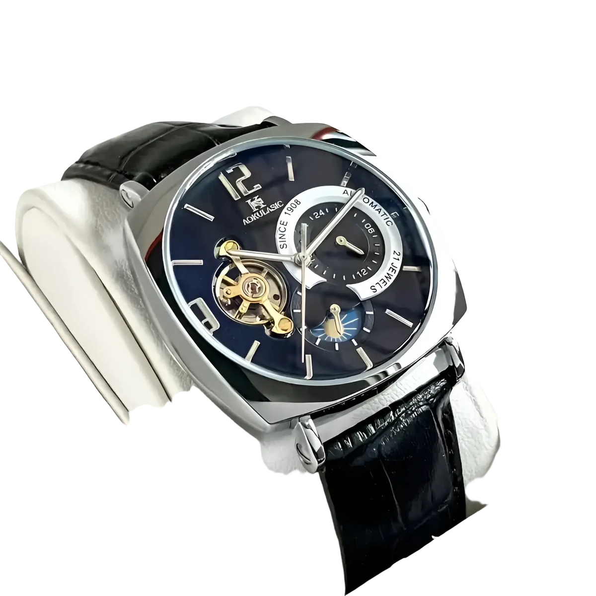 Silver-toned mechanical skeleton watch automatic with dark blue dial black leather strap and visible gold-tone gears