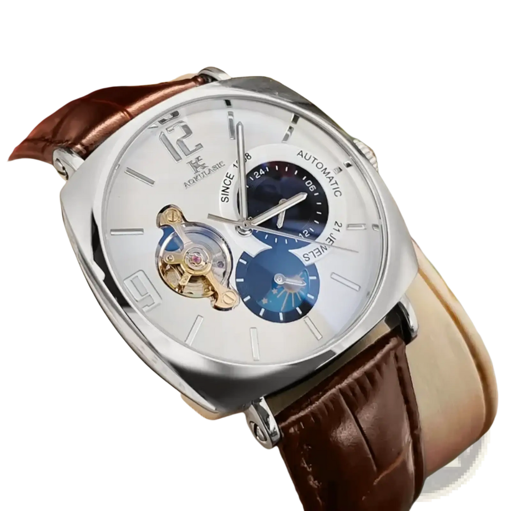 Silver-toned mechanical skeleton watch automatic with white dial blue subdials and brown leather strap