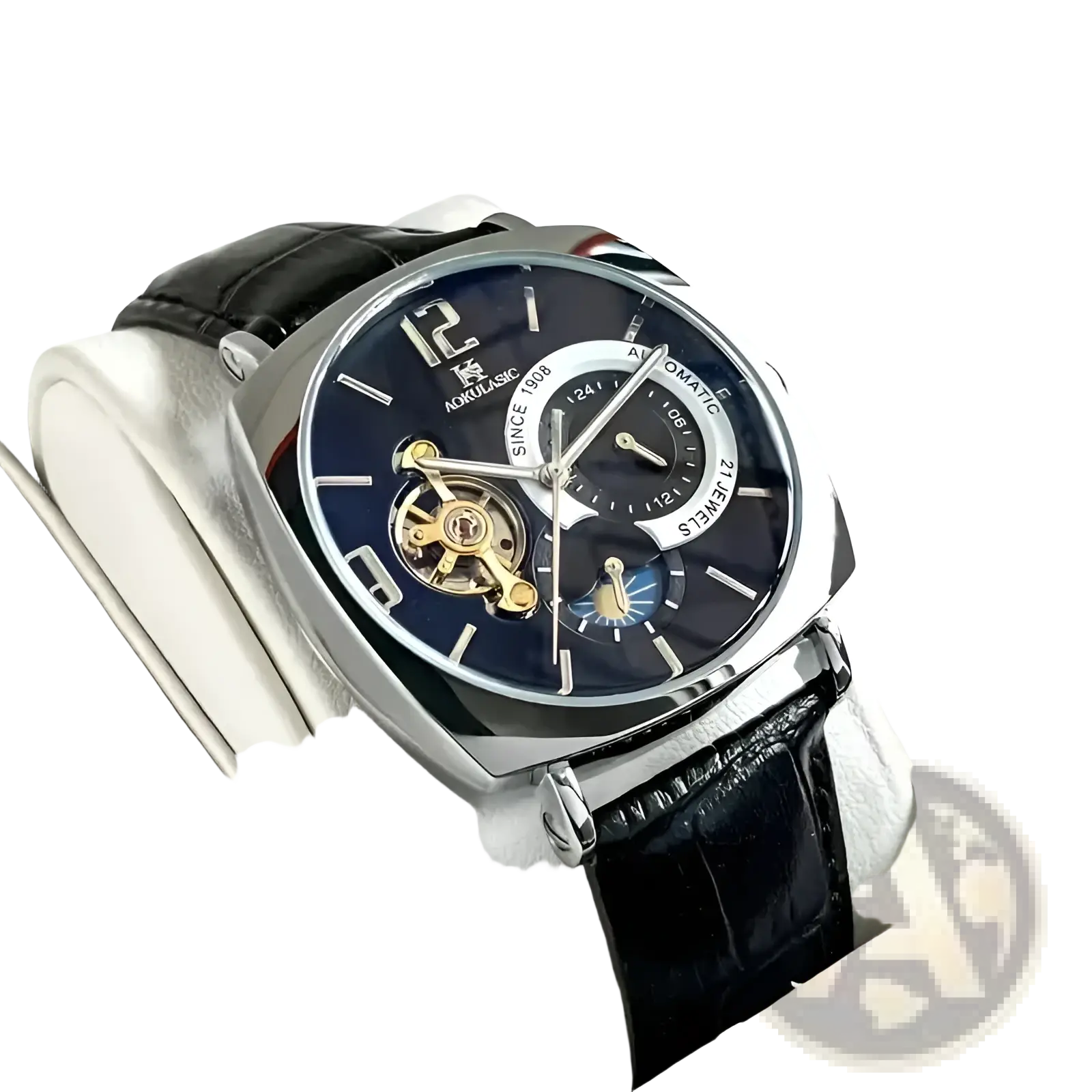 Silver-toned mechanical skeleton watch automatic with dark blue dial black leather strap and visible gold-tone gears
