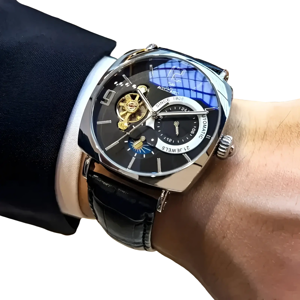 Mechanical skeleton watch automatic with a black dial, exposed golden gears, silver case, and black leather strap