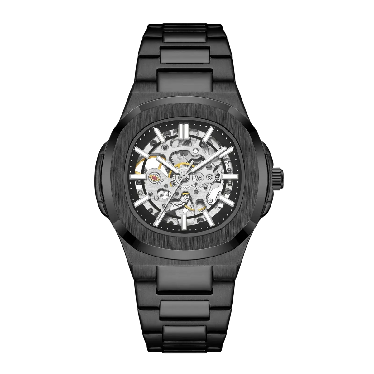 Mechanical skeleton watch with black exposed movement and gold stainless steel automatic bracelet