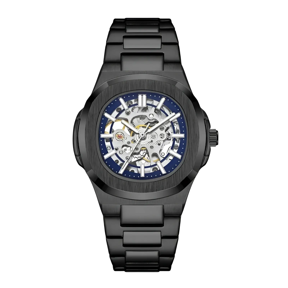 Mechanical skeleton watch stainless steel automatic gold with black case blue dial and exposed mechanical gears
