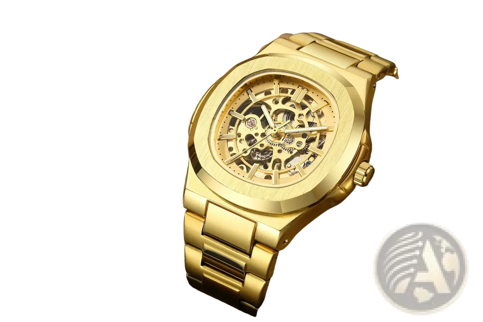 Mechanical skeleton watch with gold stainless steel automatic movement and polished metal bracelet showing exposed gears