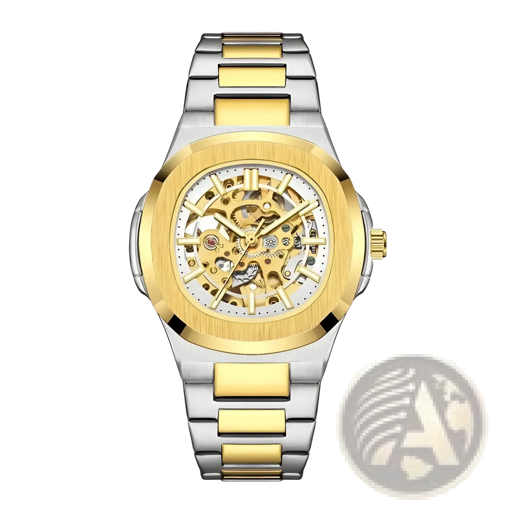 Two-tone gold and silver mechanical skeleton watch with exposed gears stainless steel automatic design
