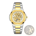Two-tone gold and silver mechanical skeleton watch with exposed gears stainless steel automatic design