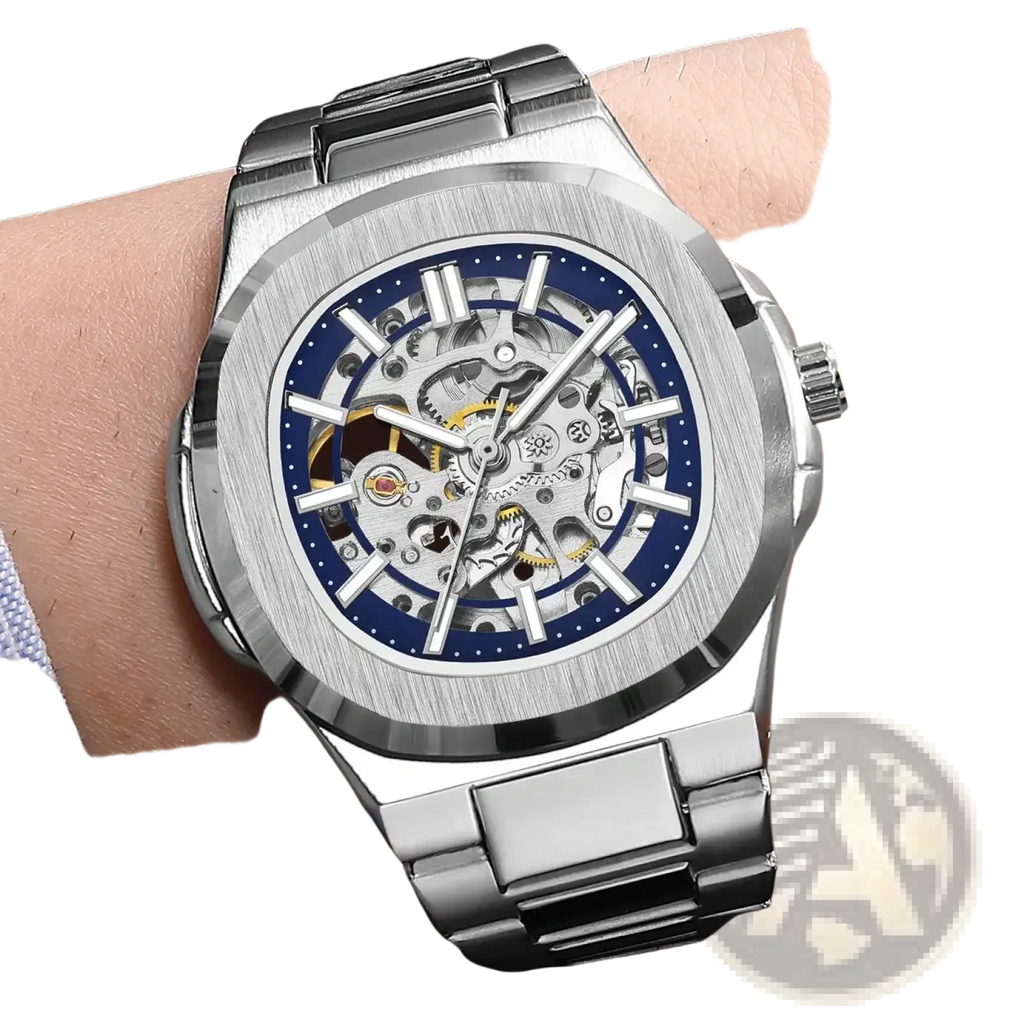 Silver-toned mechanical skeleton watch with blue dial exposed gears brushed stainless steel case and bracelet