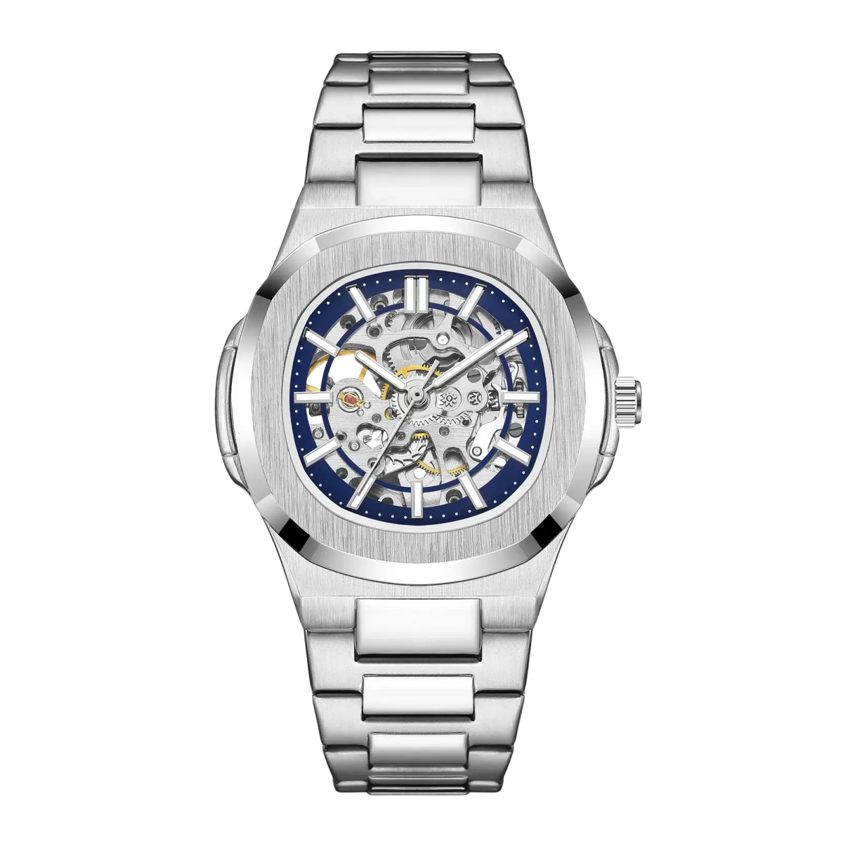 Mechanical skeleton watch stainless steel automatic with silver-toned case, blue dial, and brushed metal bracelet