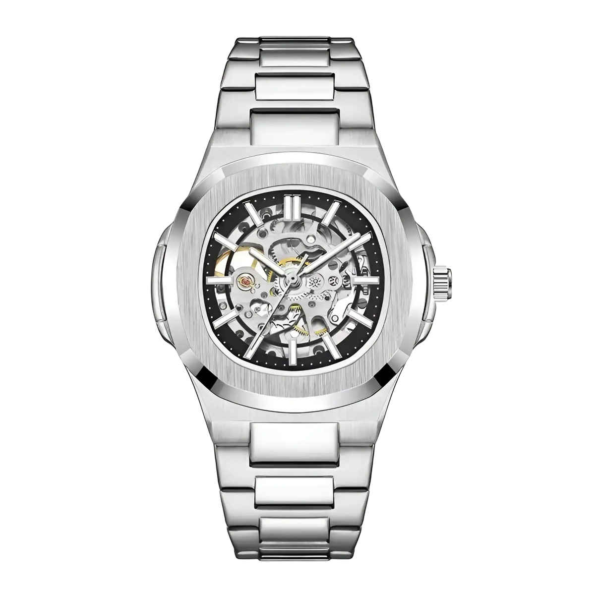 Silver-toned mechanical skeleton watch with polished stainless steel bracelet showcasing intricate automatic gears