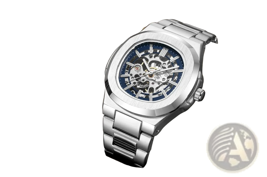 Silver-toned mechanical skeleton watch with blue dial exposed movement octagonal case stainless steel bracelet
