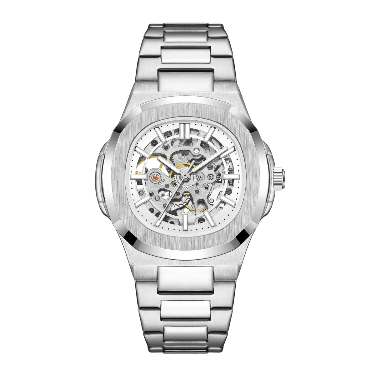 Silver-toned mechanical skeleton watch with polished stainless steel bracelet and exposed automatic movement