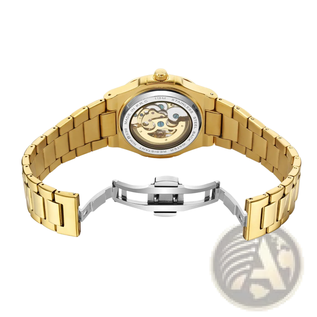 Gold-tone stainless steel mechanical skeleton watch with exposed movement and polished link bracelet for automatic use