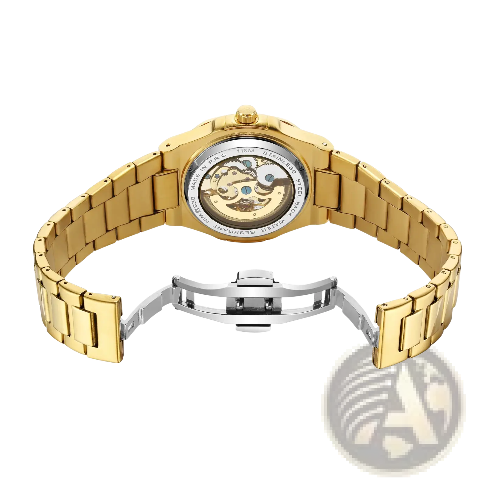 Gold-tone stainless steel mechanical skeleton watch with exposed movement and polished link bracelet for automatic use